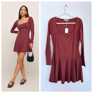 NWT Reformation Coen Jersey Knit Square Neck Mini Dress in Chianti Red Size M